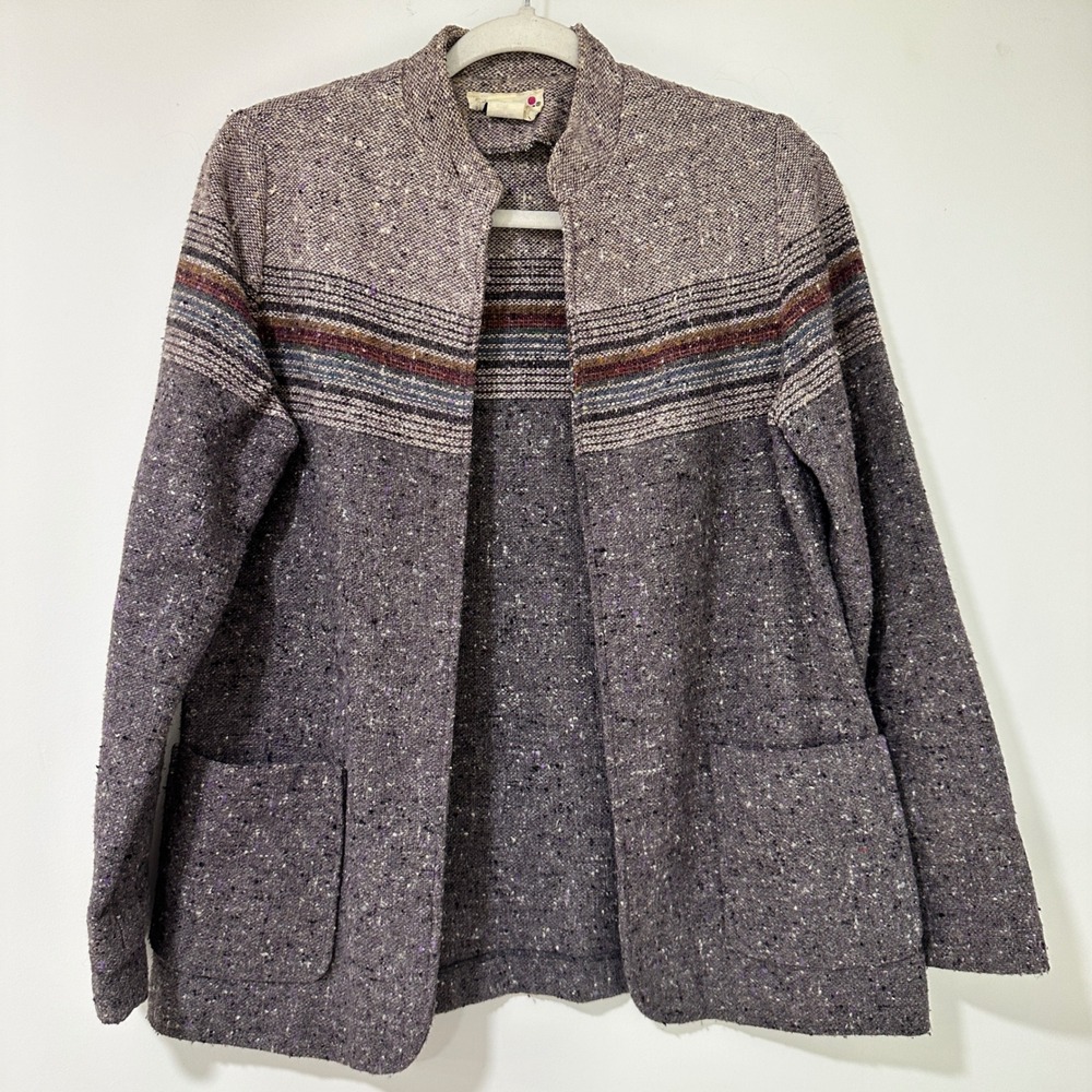Trissi Vintage Women 12 Purple Tweed‎ Wool Blend Striped Open Cardigan Jacket
